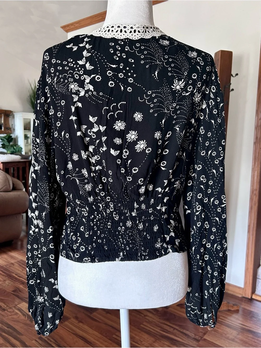 Free People Black Floral Button-Up Blouse with Cream Crochet Trim